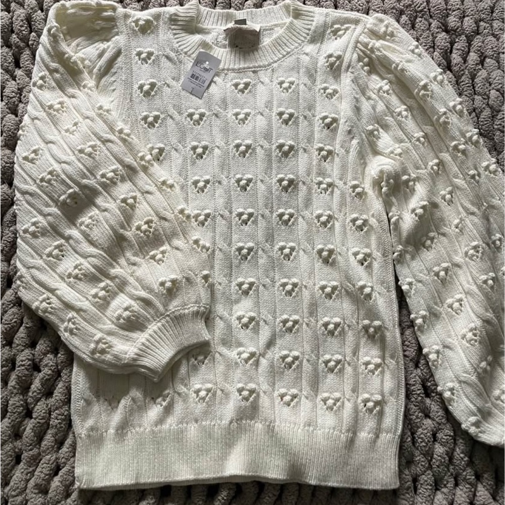 LOFT Ann Taylor Cream Textured Crew Neck Sweater
